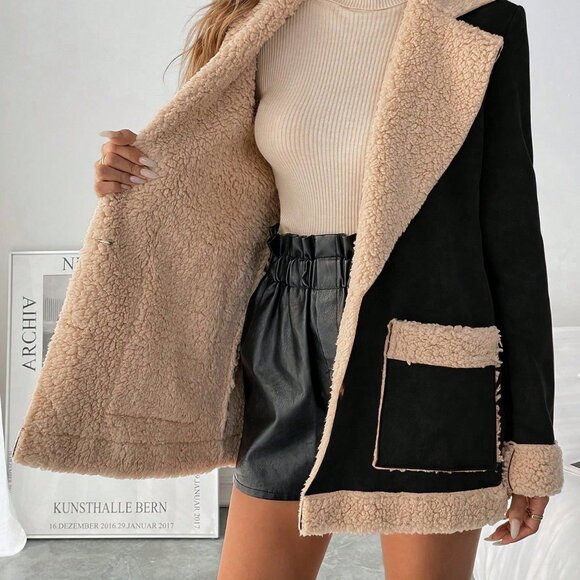 Black Casual Women's Fluffy Colorblock Warm Jacket - Picture 7 of 8
